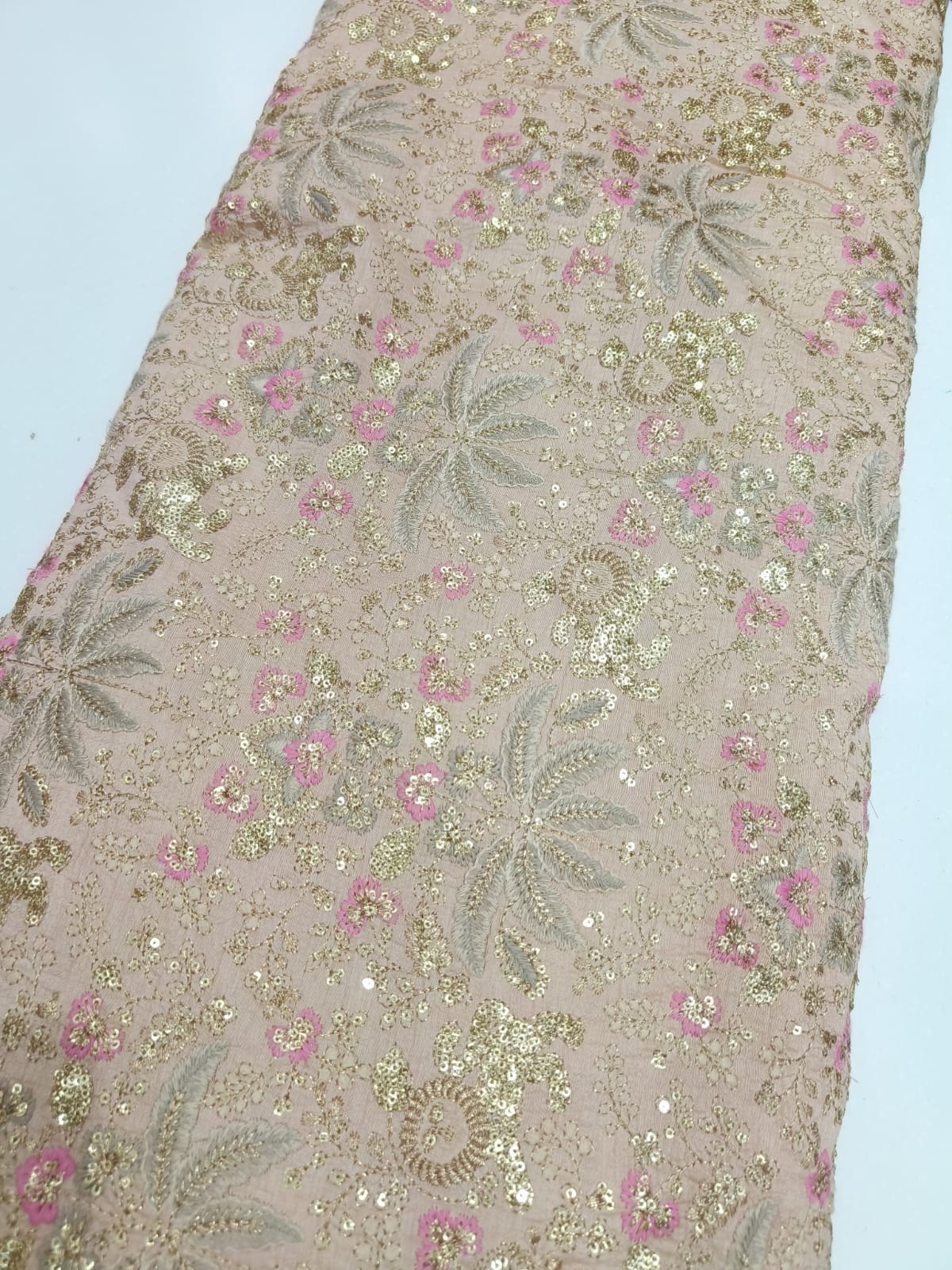 Elegant Beige Net Fabric with Gold Sequin Embroidery & Pink Floral Design