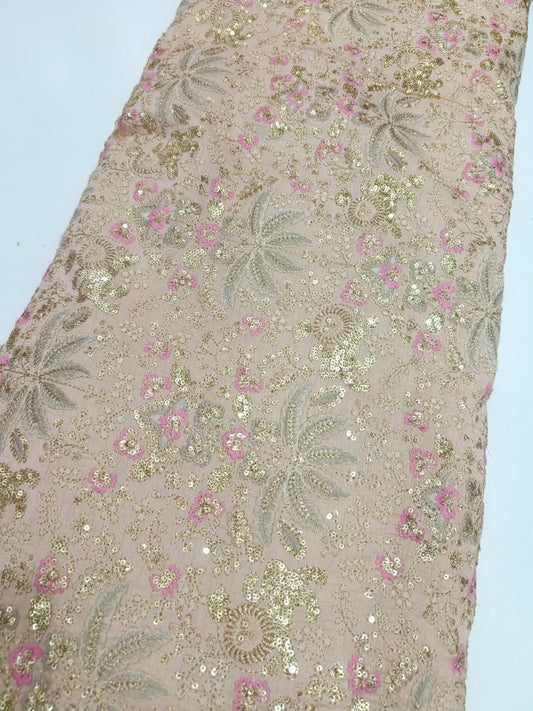 Elegant Beige Net Fabric with Gold Sequin Embroidery & Pink Floral Design