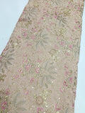 Elegant Beige Net Fabric with Gold Sequin Embroidery & Pink Floral Design