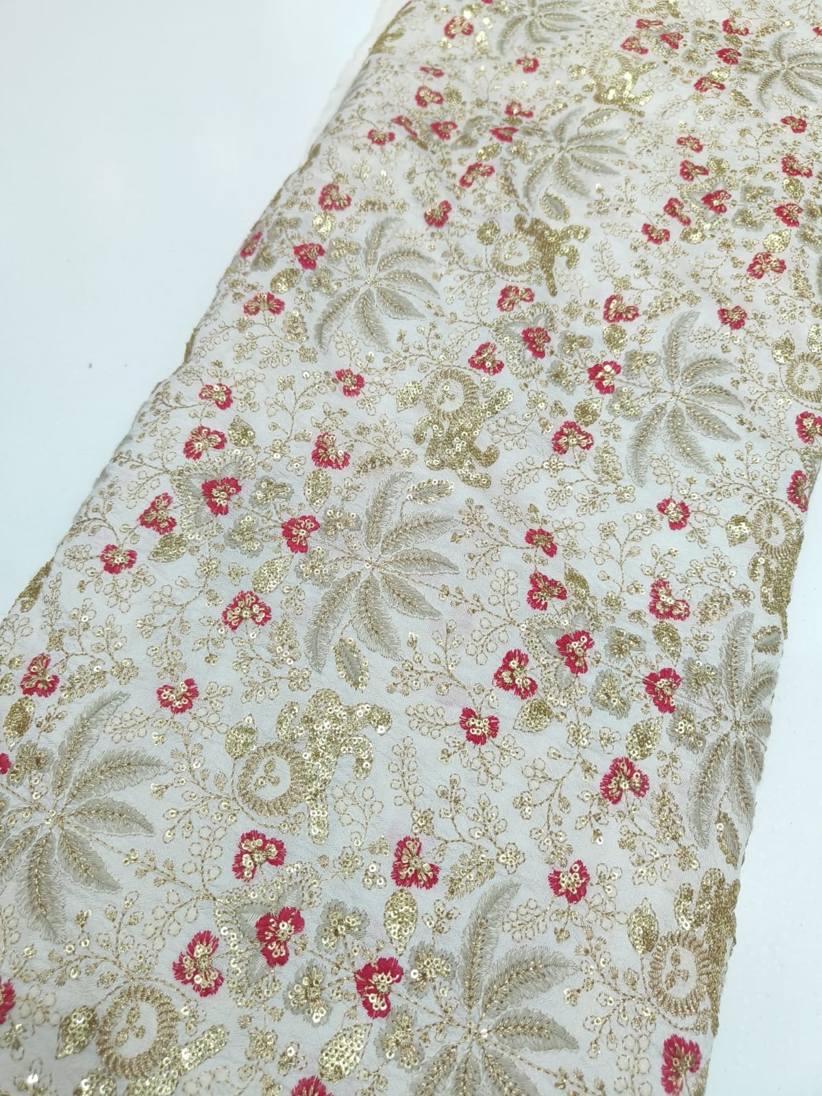 Elegant Beige Net Fabric with Gold Sequin Embroidery & Pink Floral Design
