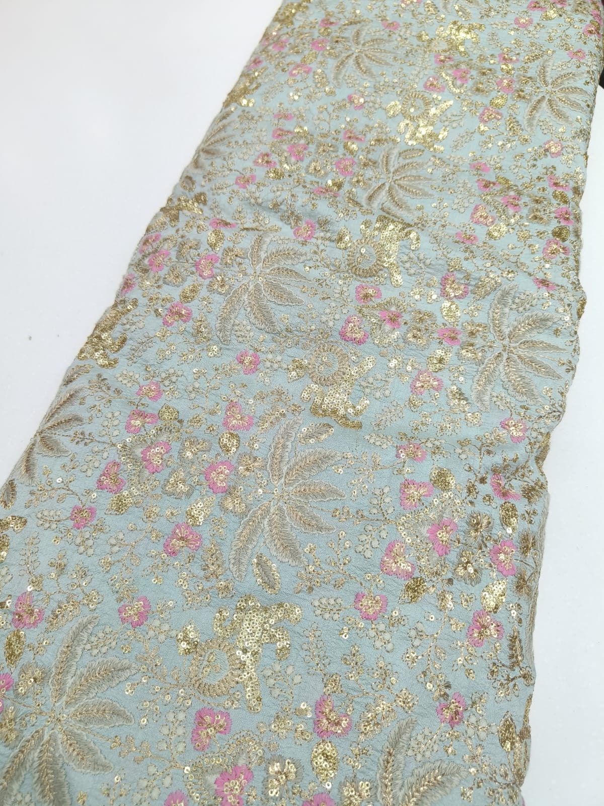 Elegant Beige Net Fabric with Gold Sequin Embroidery & Pink Floral Design
