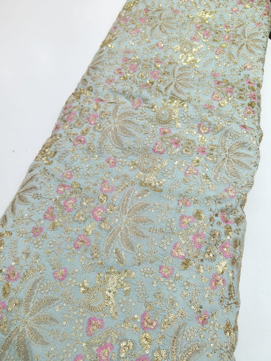 Elegant Beige Net Fabric with Gold Sequin Embroidery & Pink Floral Design