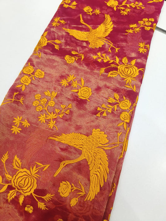 Pure Silk Tissue Bird Embroidery Fabric – Wine & Mustard