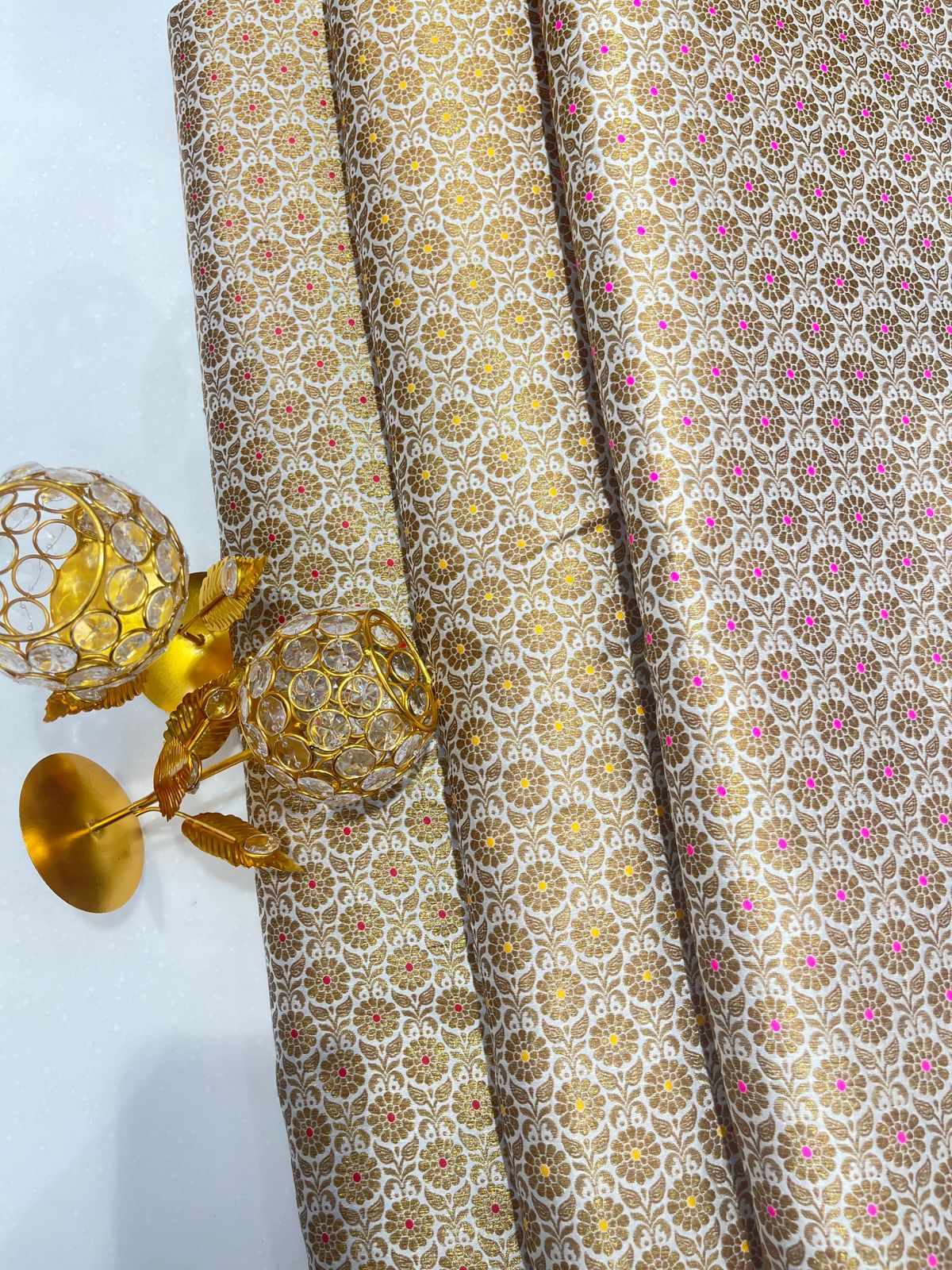 Pure Silk Banarasi Brocade Fabric – Gold Floral Buta with Pink Highlights
