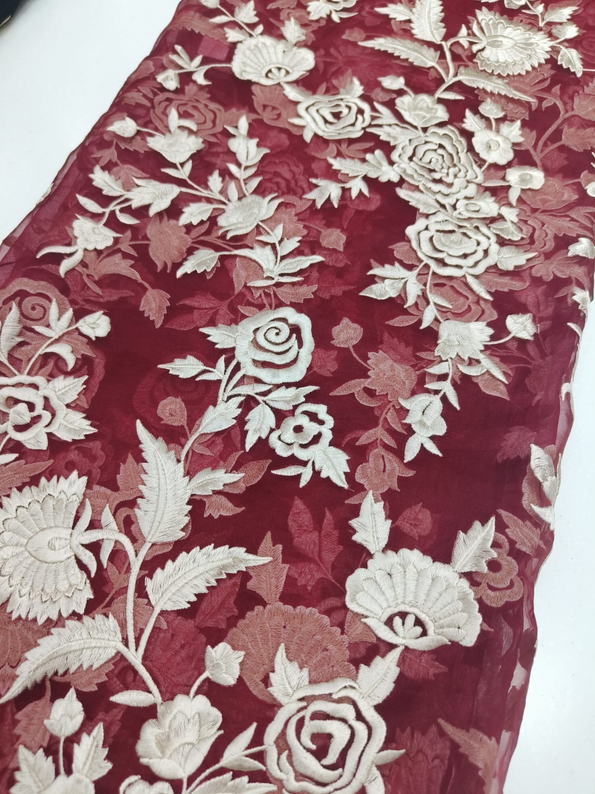 Pure Silk Organza Zari Embroidery Fabric – Wine Floral
