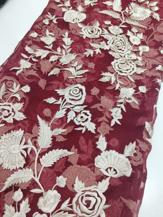 Pure Silk Organza Zari Embroidery Fabric – Wine Floral