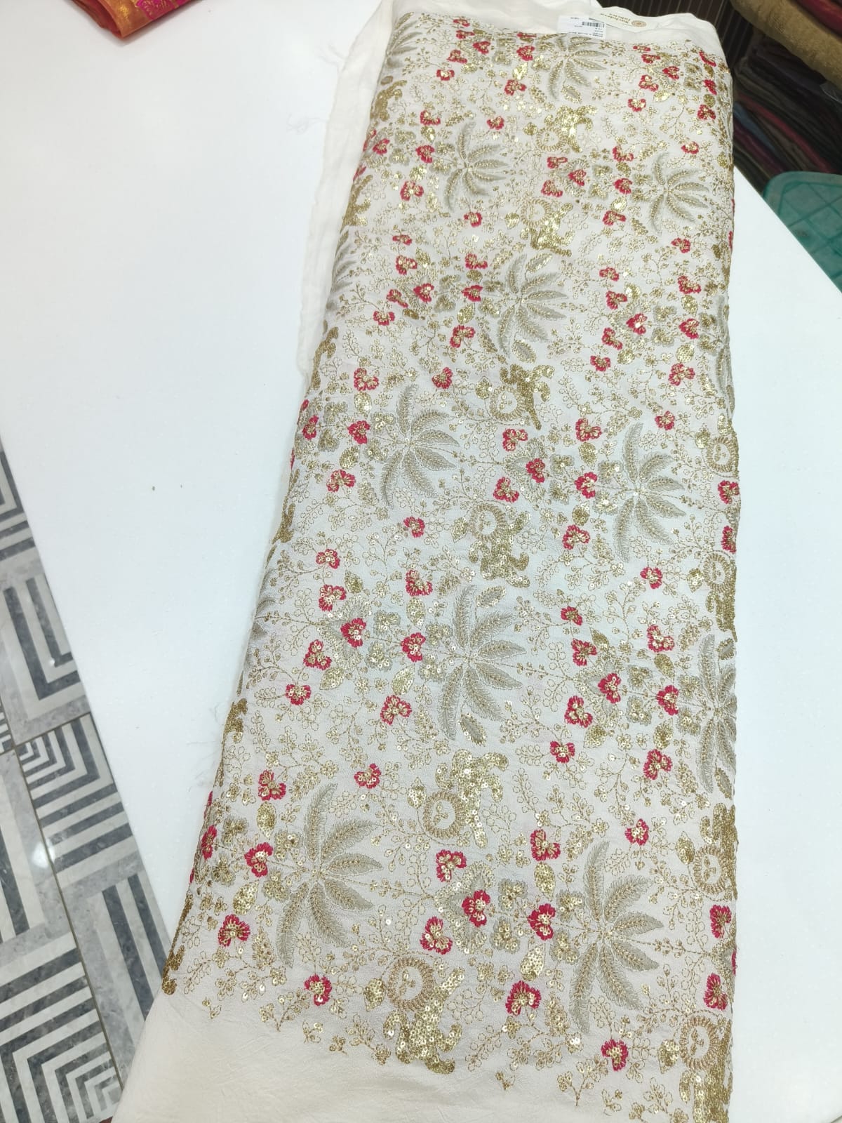 Elegant Beige Net Fabric with Gold Sequin Embroidery & Pink Floral Design