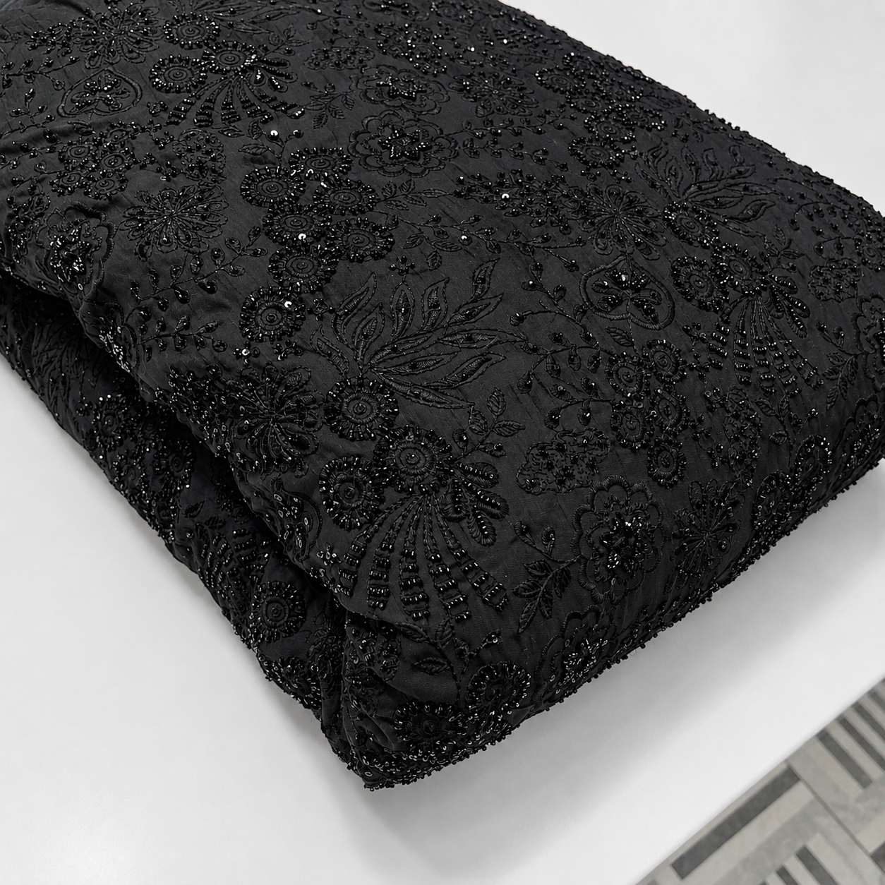 Premium Black Floral Embroidered Men's Kurta dupian Fabric with Beads & Sequins