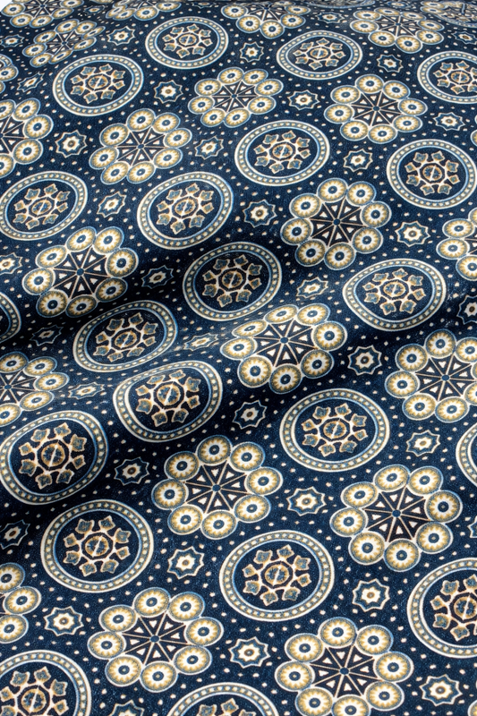 Traditional Ajrakh Inspired Circular Motif Printed Fabric (Brown, Indigo & Burgundy)