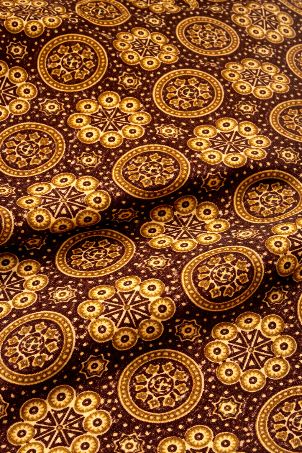 Traditional Ajrakh Inspired Circular Motif Printed Fabric (Brown, Indigo & Burgundy)