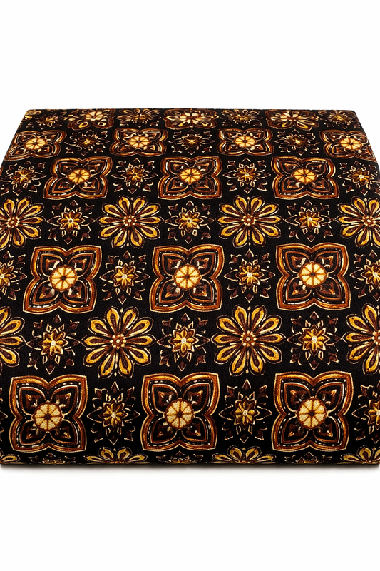 Traditional Ajrakh Style Geometric Floral Printed Fabric (Black, Blue & Olive)