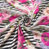 Elegant Black & White Striped Cotton with Pink Floral Chiffon Overlay Fabric Combo