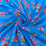 Sky Blue Floral Printed Cotton & Chiffon Fabric Combo