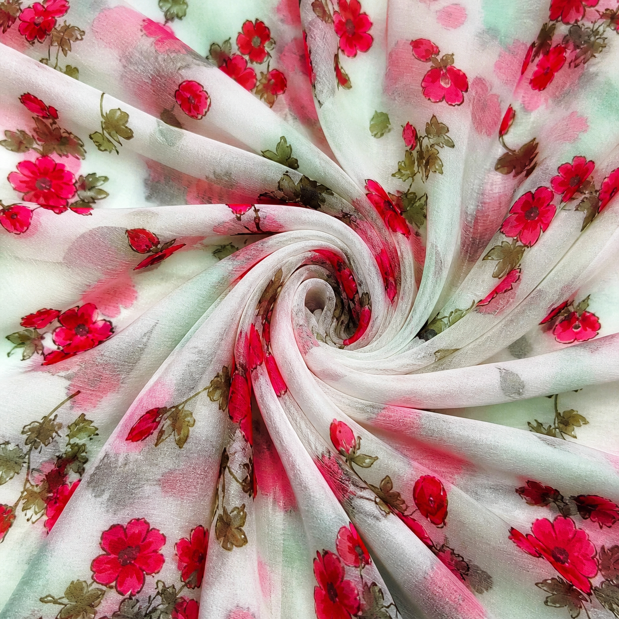Mint Green & Red Floral Printed Cotton & Chiffon Fabric Combo
