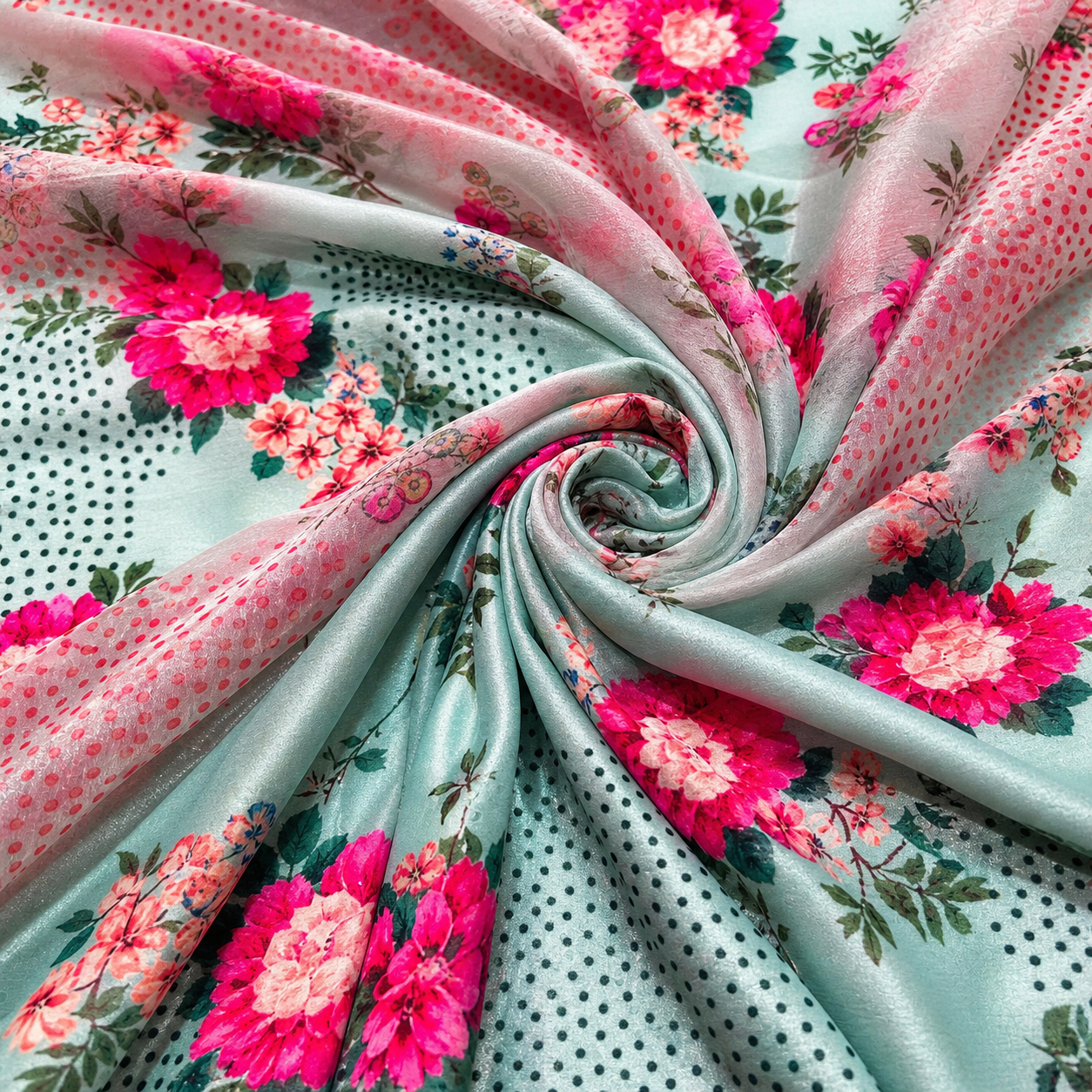 Mint Green Floral Cotton Fabric with Printed Chiffon Overlay – Designer Fabric Combo