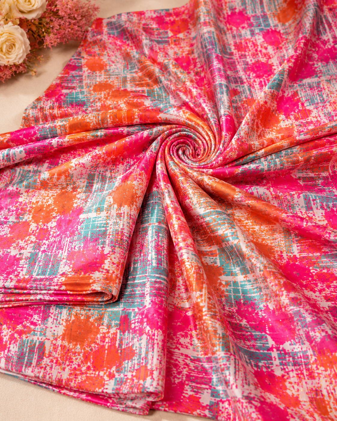 Abstract Neon Print Crepe & Chiffon Fabric Combo – Pink Orange Designer Fabric