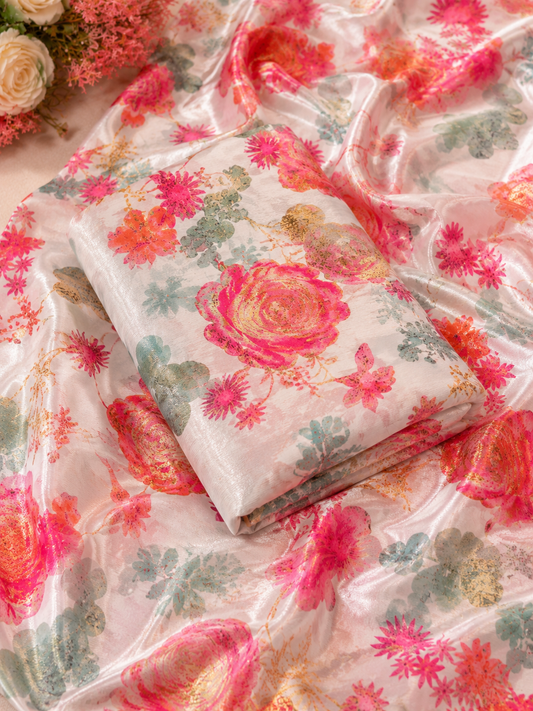 Elegant Pastel Floral Crepe & Chiffon Fabric Combo with Gold Foil Print