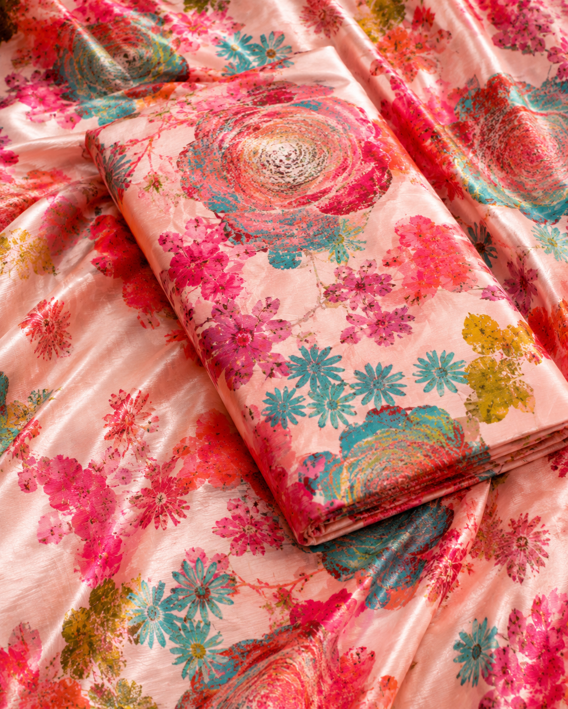 Elegant Pastel Floral Crepe & Chiffon Fabric Combo with Gold Foil Print
