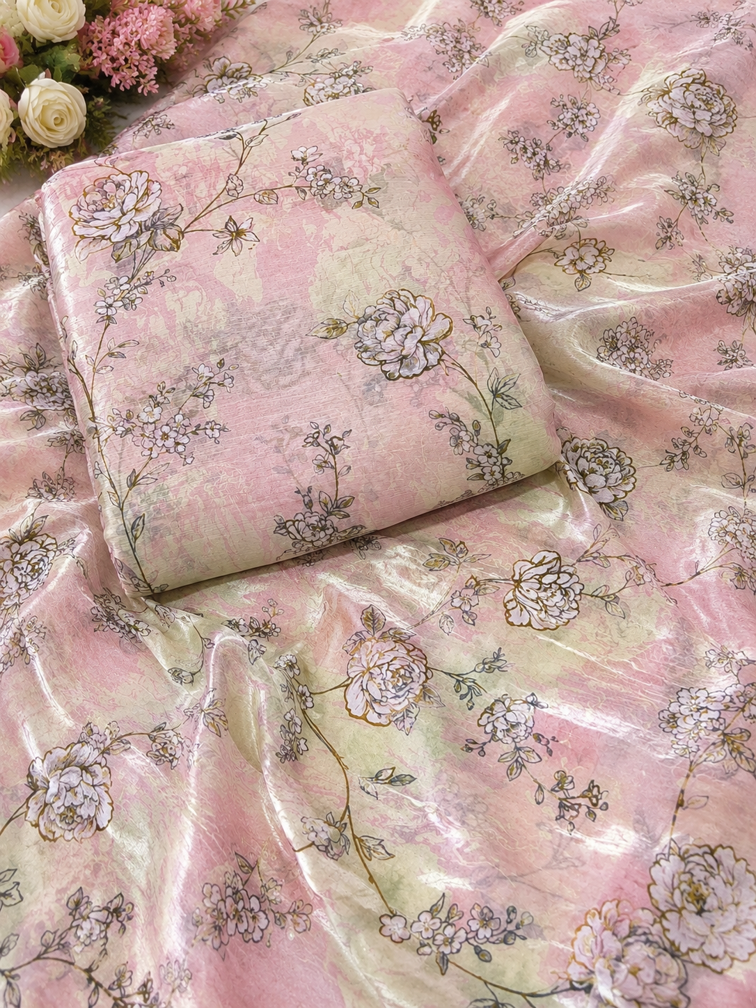 Pastel Blush Floral Crepe & Chiffon Fabric Combo – Soft Pink & Sage Green Designer Print