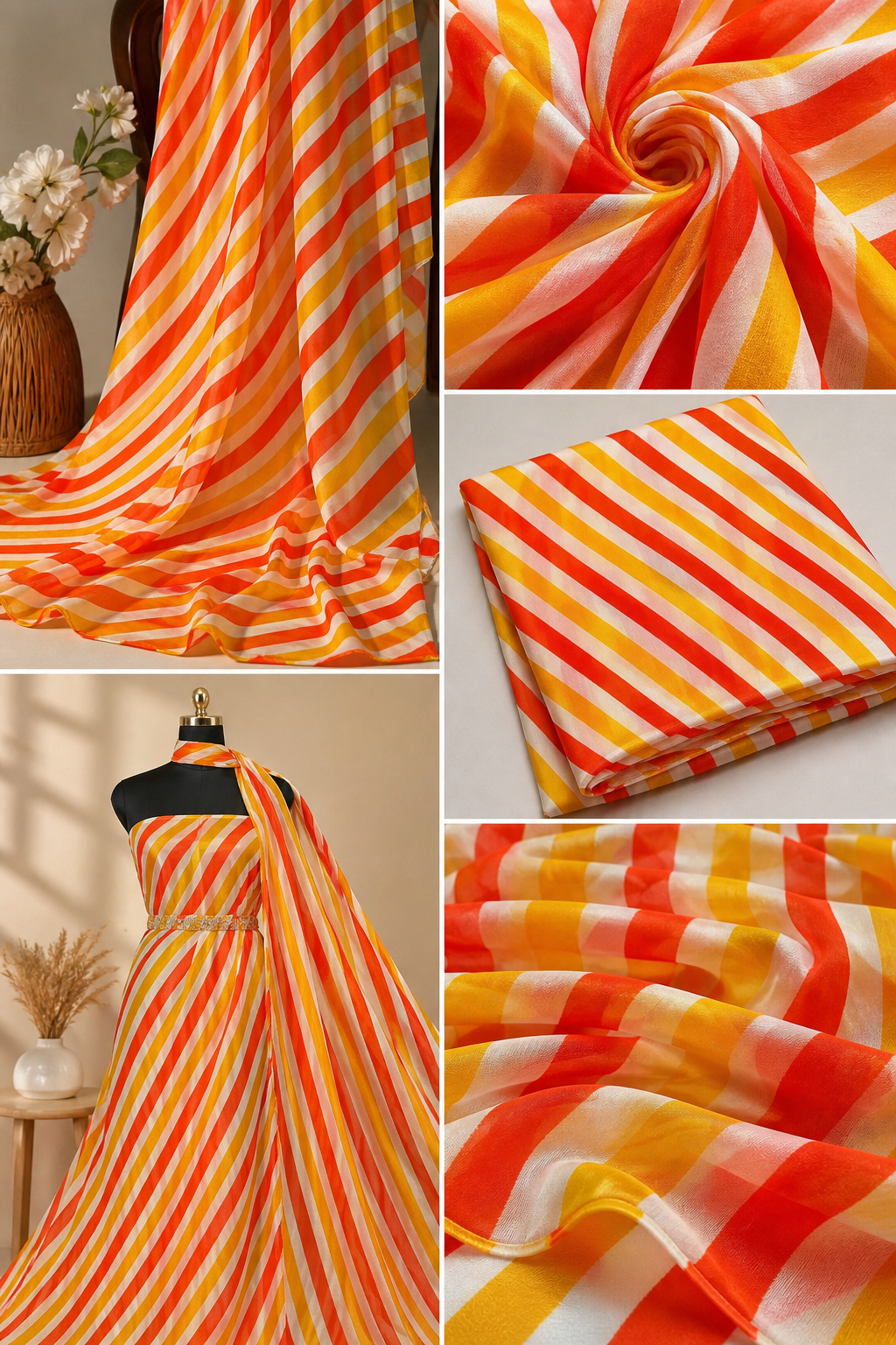 Sunset Stripe Crepe & Chiffon Fabric Combo – Orange, Yellow & White Designer Print