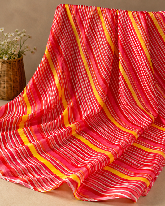 Pink Red Stripe Crepe & Chiffon Fabric Combo – Designer Yellow Line Print Fabric