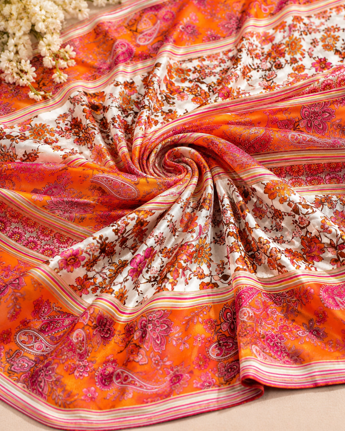 Orange Floral Crepe & Chiffon Fabric Combo – Paisley and Vintage Flower Print Fabric