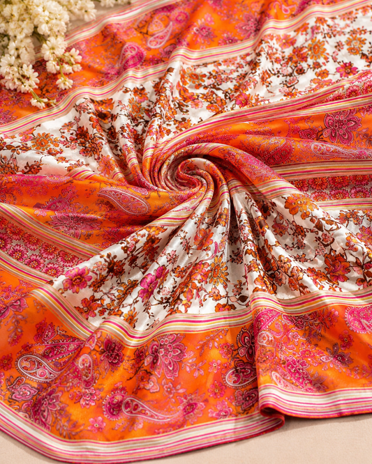 Orange Floral Crepe & Chiffon Fabric Combo – Paisley and Vintage Flower Print Fabric