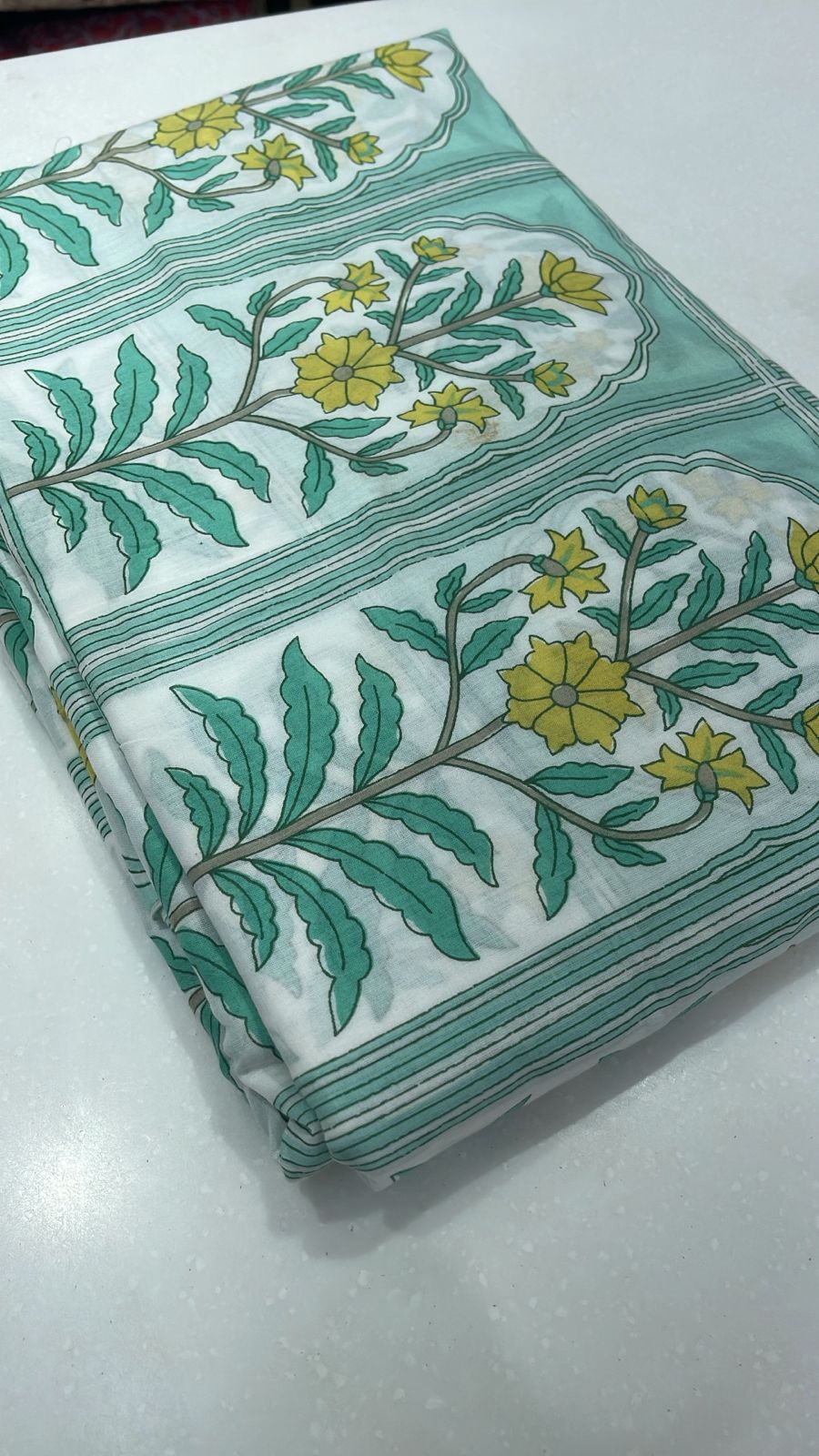 White Cotton Fabric with Green & Yellow Floral Print Border Design