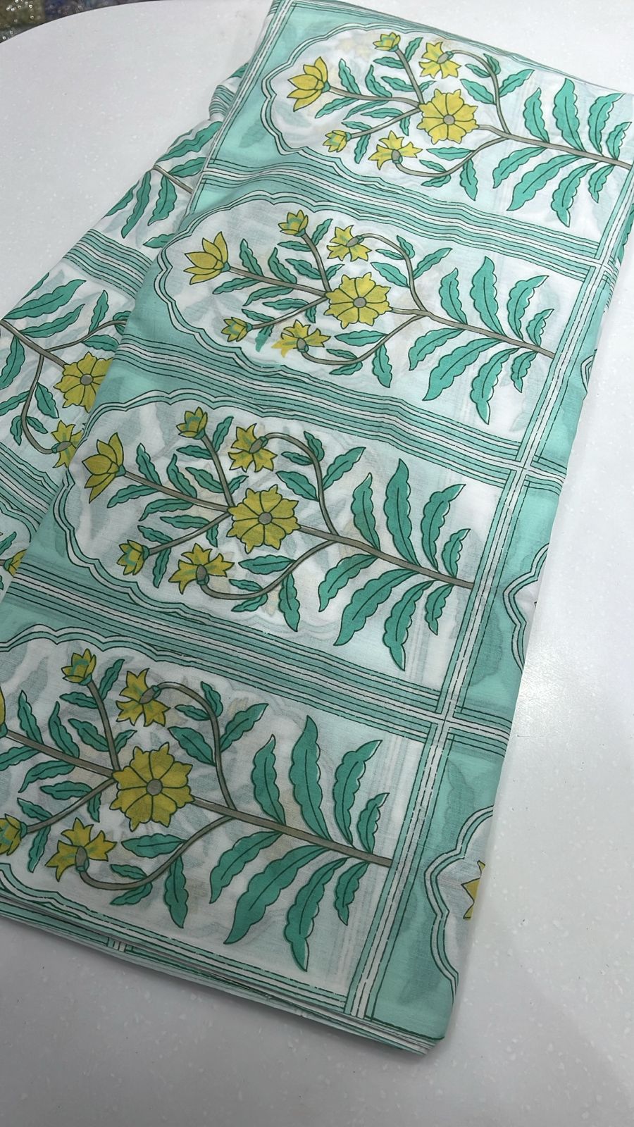 White Cotton Fabric with Green & Yellow Floral Print Border Design