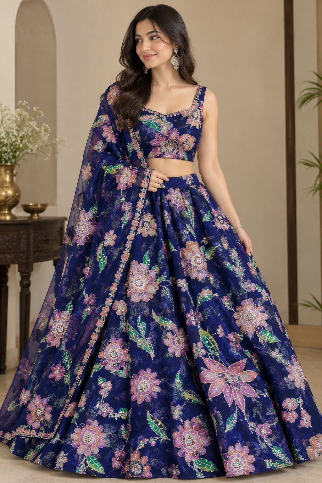 Premium Organza Embroidery Fabric – Elegant Floral Thread & Sequin Work