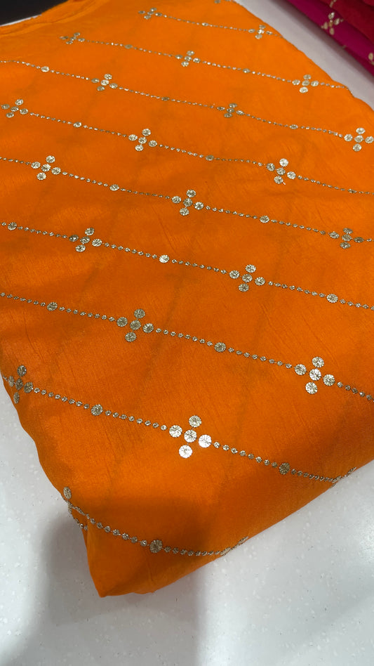 Elegant Coloured Foil Printed Fabric with Gold Buti Lines – Premium Festive Wear Material