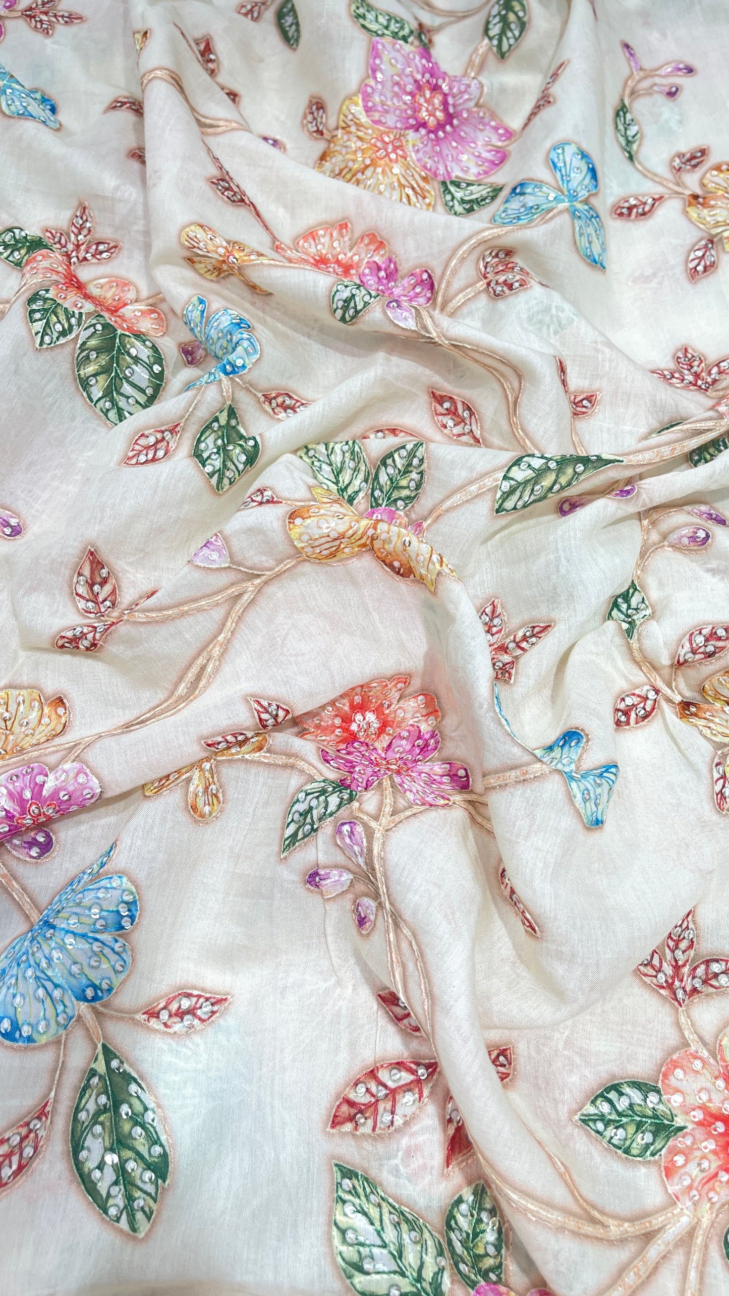 Elegant Floral Embroidered Organza Fabric with Multicolor Threadwork