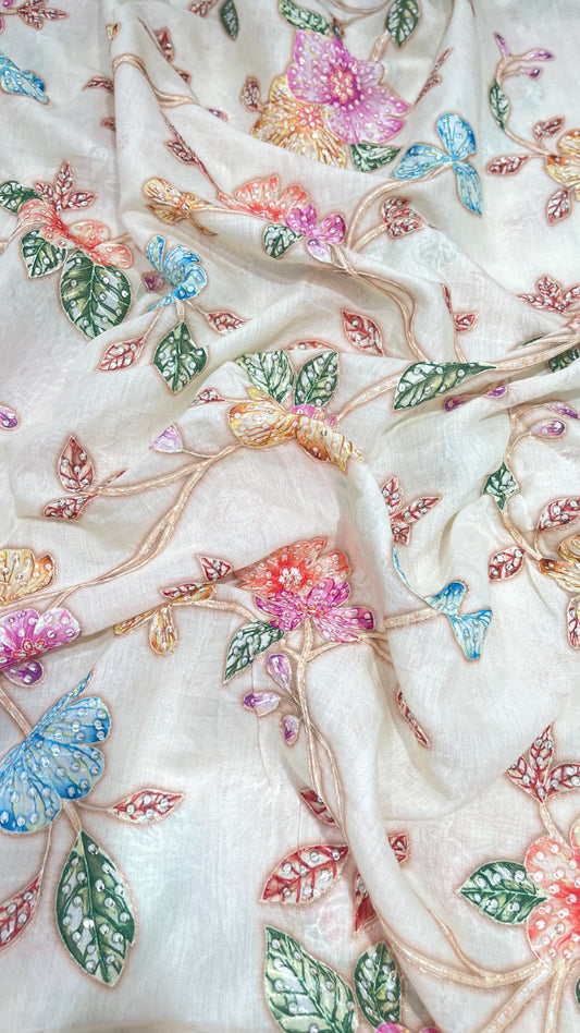 Elegant Floral Embroidered Organza Fabric with Multicolor Threadwork