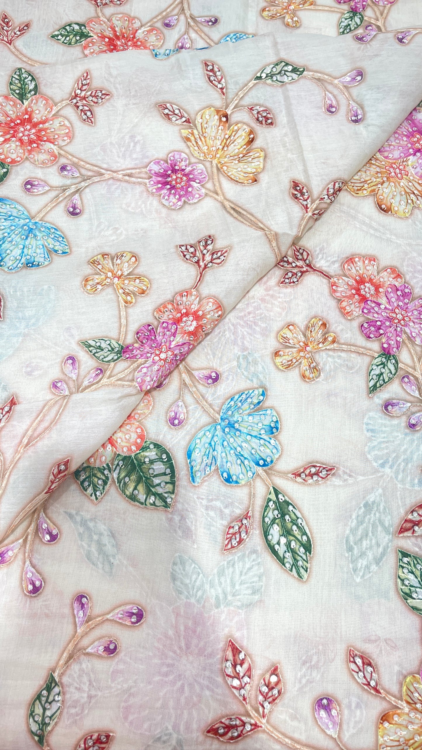 Elegant Floral Embroidered Organza Fabric with Multicolor Threadwork