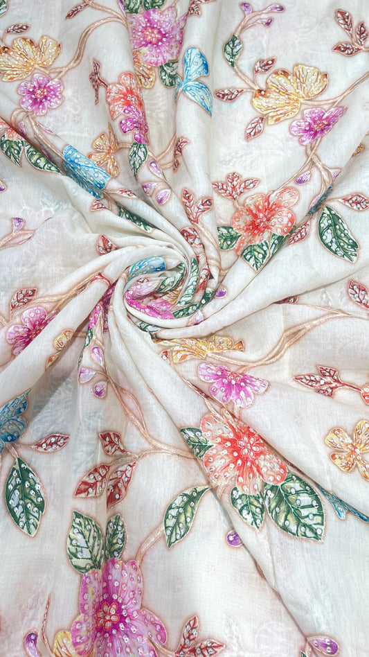 Elegant Floral Embroidered Organza Fabric with Multicolor Threadwork
