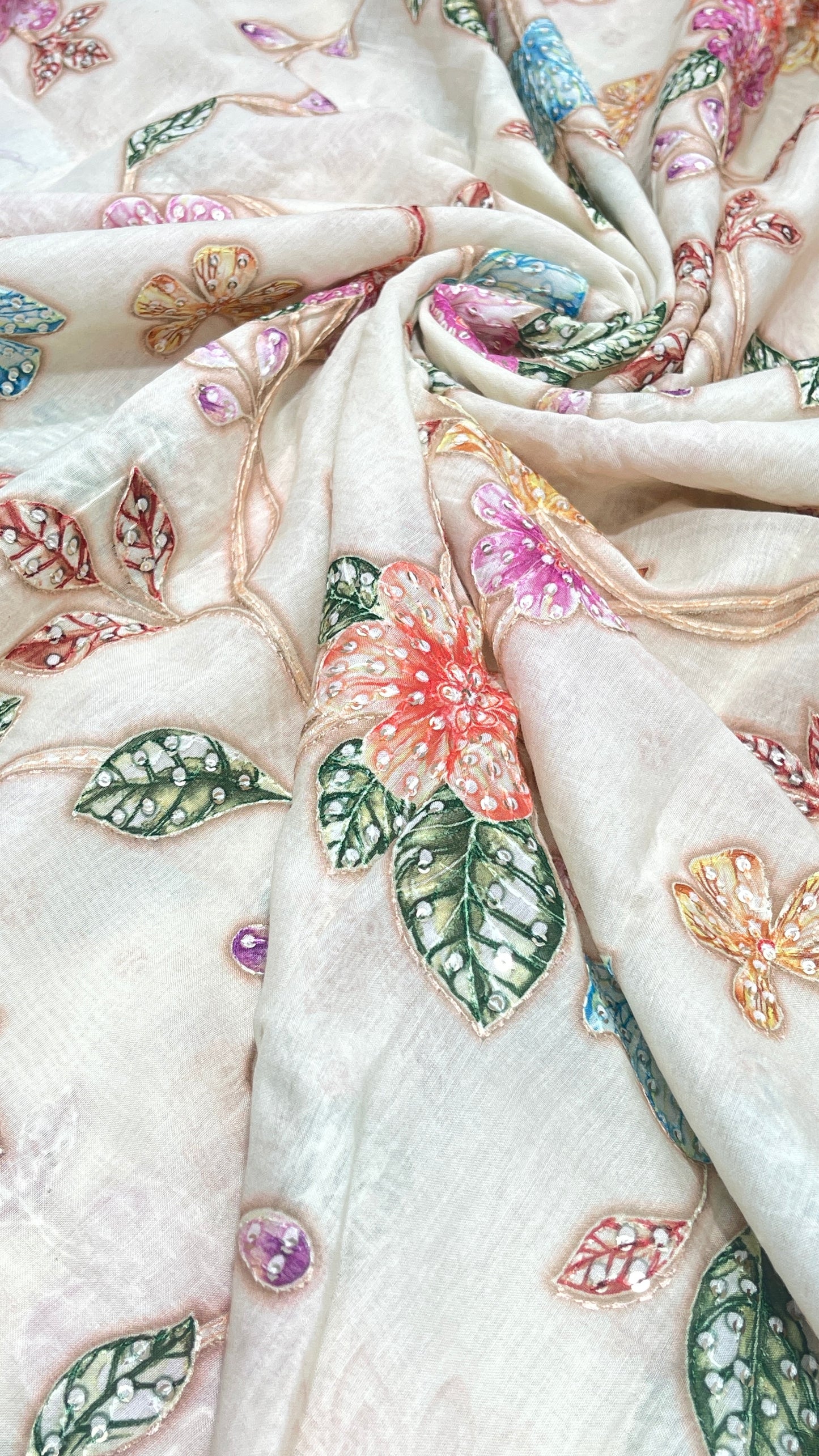 Elegant Floral Embroidered Organza Fabric with Multicolor Threadwork
