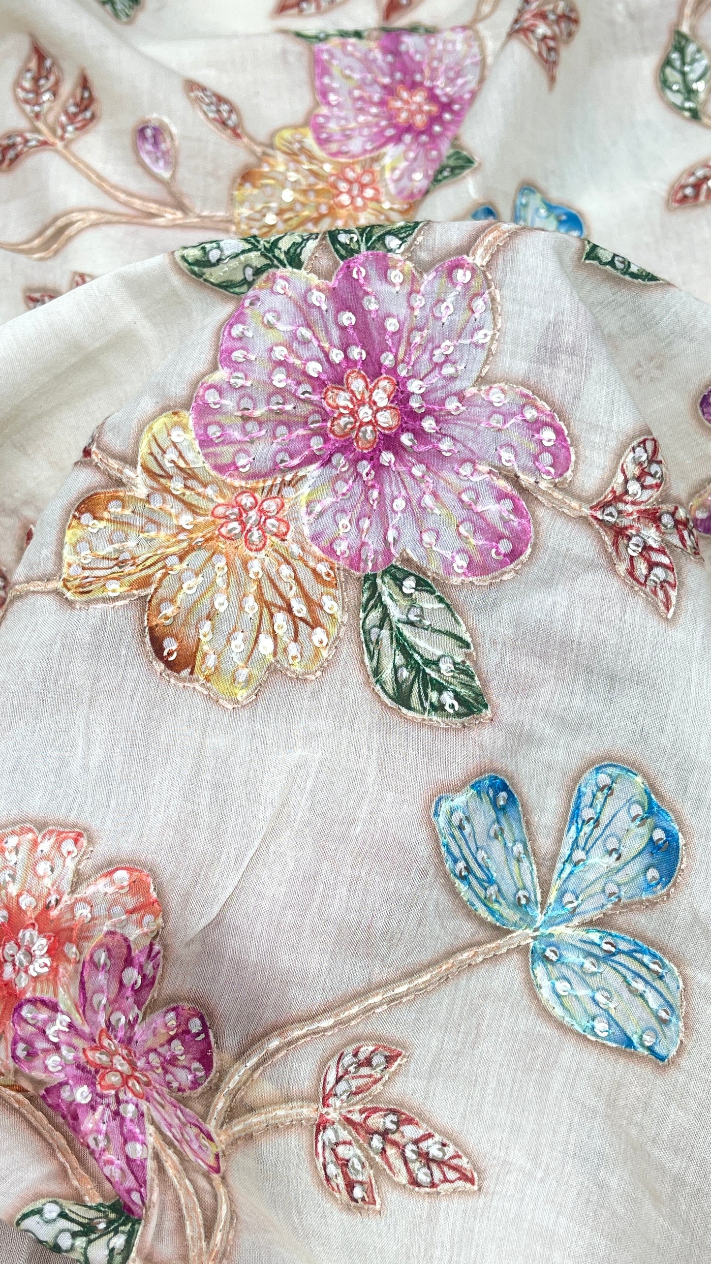 Elegant Floral Embroidered Organza Fabric with Multicolor Threadwork