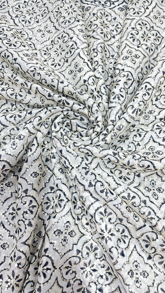 Designer Sequin Embroidered Geometric Organza Fabric – Black & Ivory