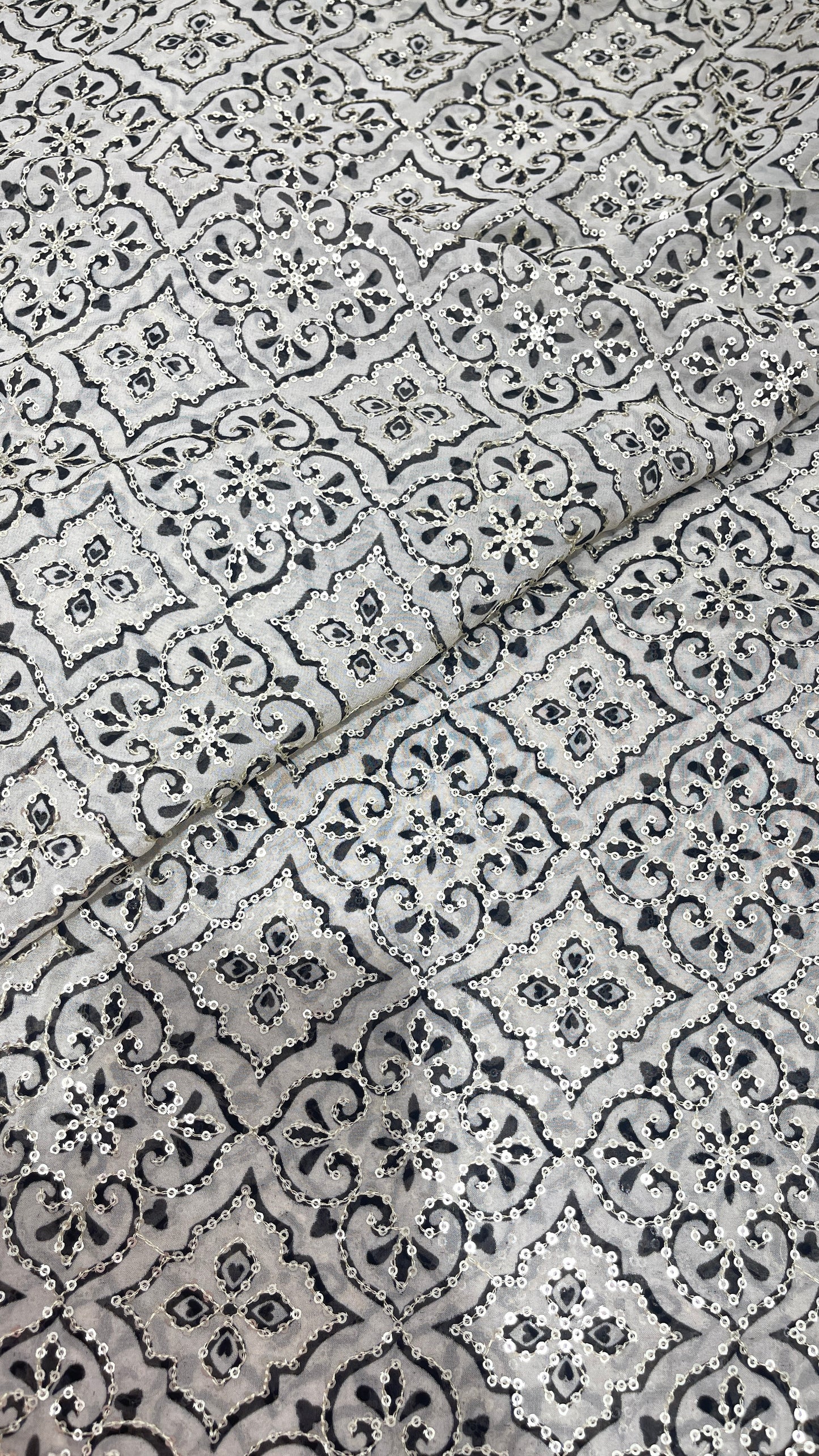 Designer Sequin Embroidered Geometric Organza Fabric – Black & Ivory