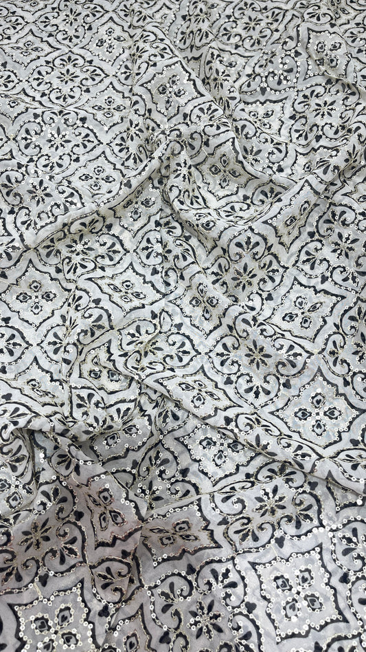Designer Sequin Embroidered Geometric Organza Fabric – Black & Ivory