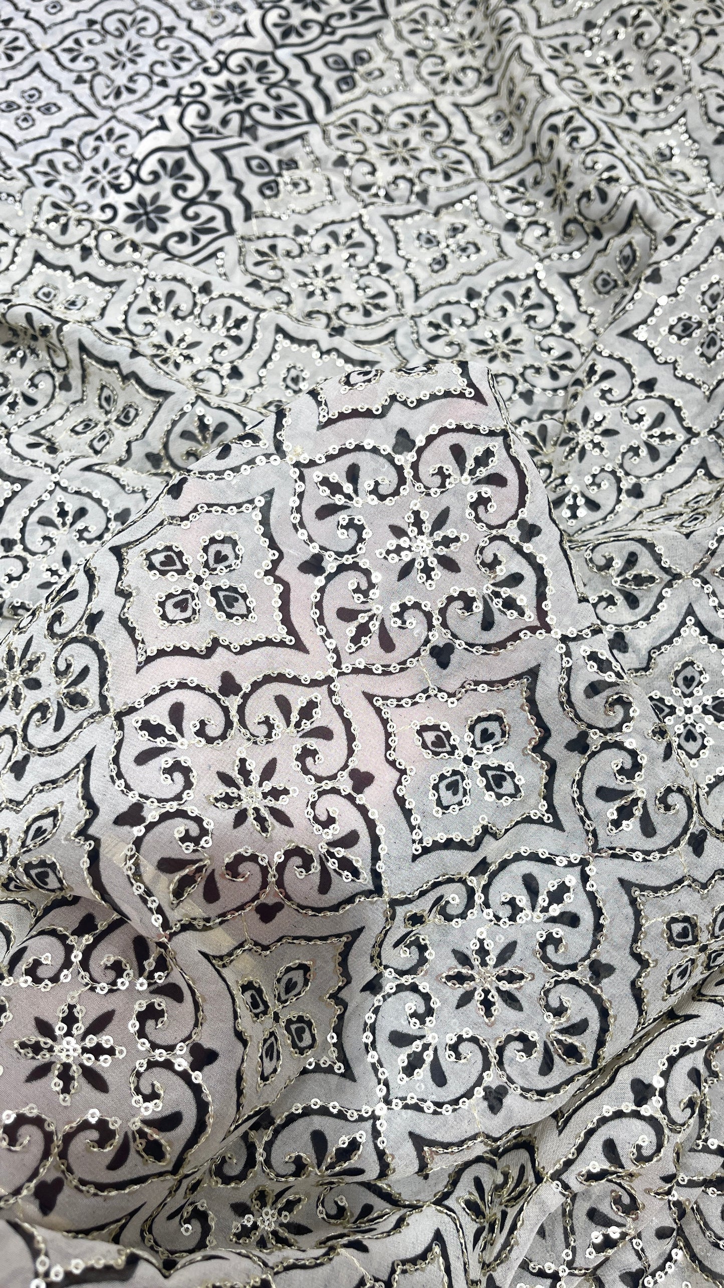 Designer Sequin Embroidered Geometric Organza Fabric – Black & Ivory