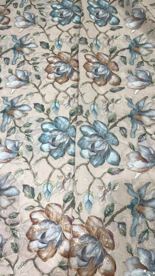 Luxury Floral Printed Organza Fabric with Metallic Outline Detailing