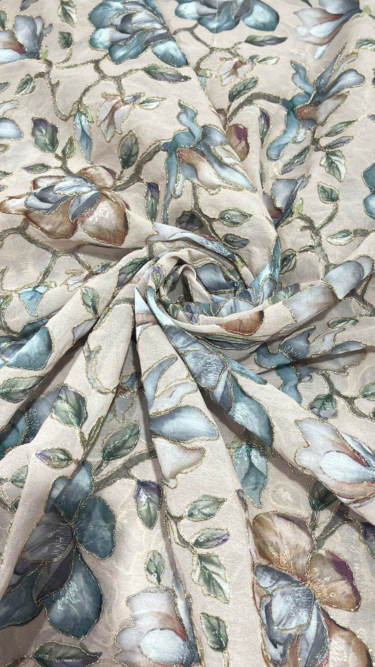 Luxury Floral Printed Organza Fabric with Metallic Outline Detailing