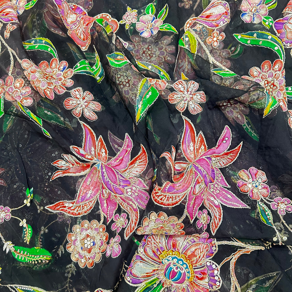 Premium Organza Embroidery Fabric – Elegant Floral Thread & Sequin Work