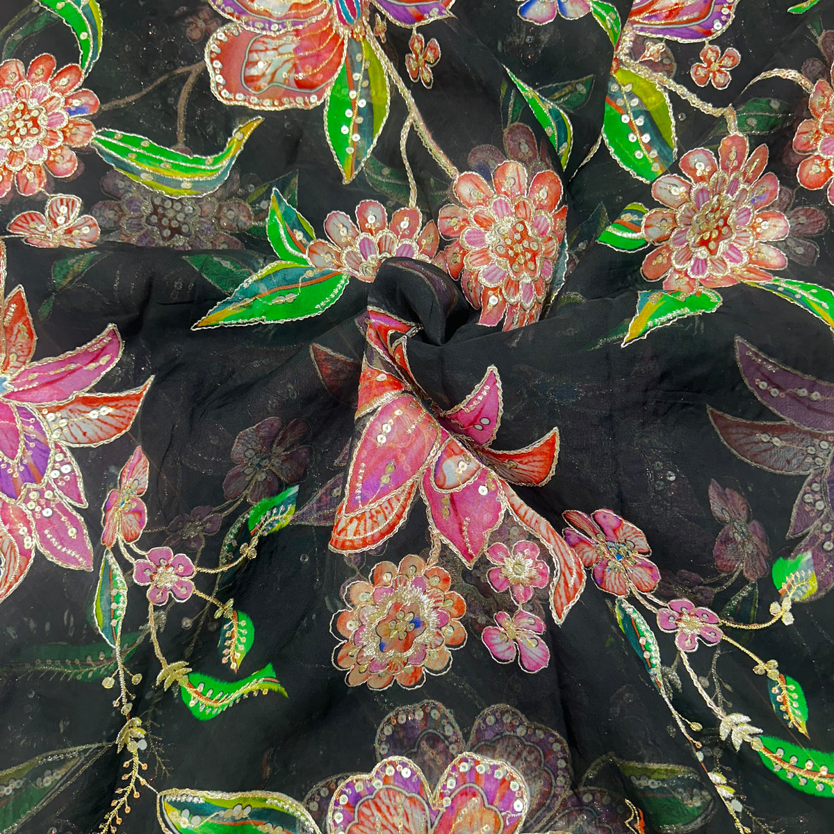 Premium Organza Embroidery Fabric – Elegant Floral Thread & Sequin Work