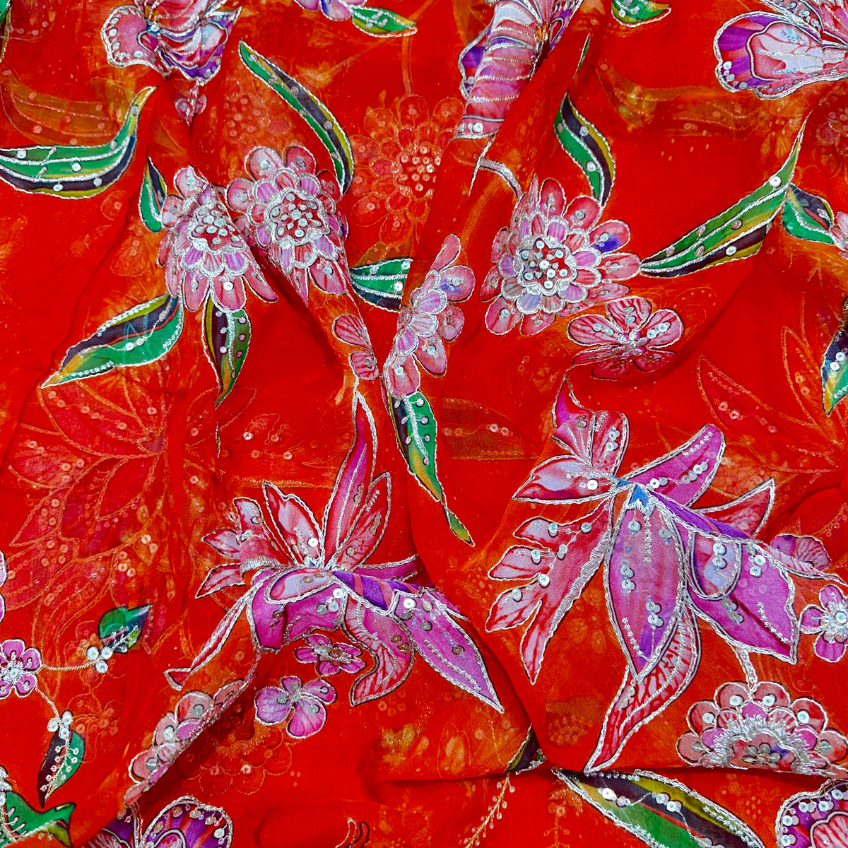 Premium Organza Embroidery Fabric – Elegant Floral Thread & Sequin Work