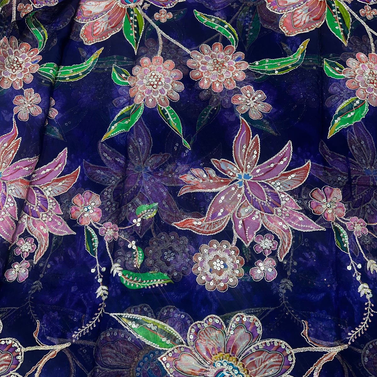 Premium Organza Embroidery Fabric – Elegant Floral Thread & Sequin Work