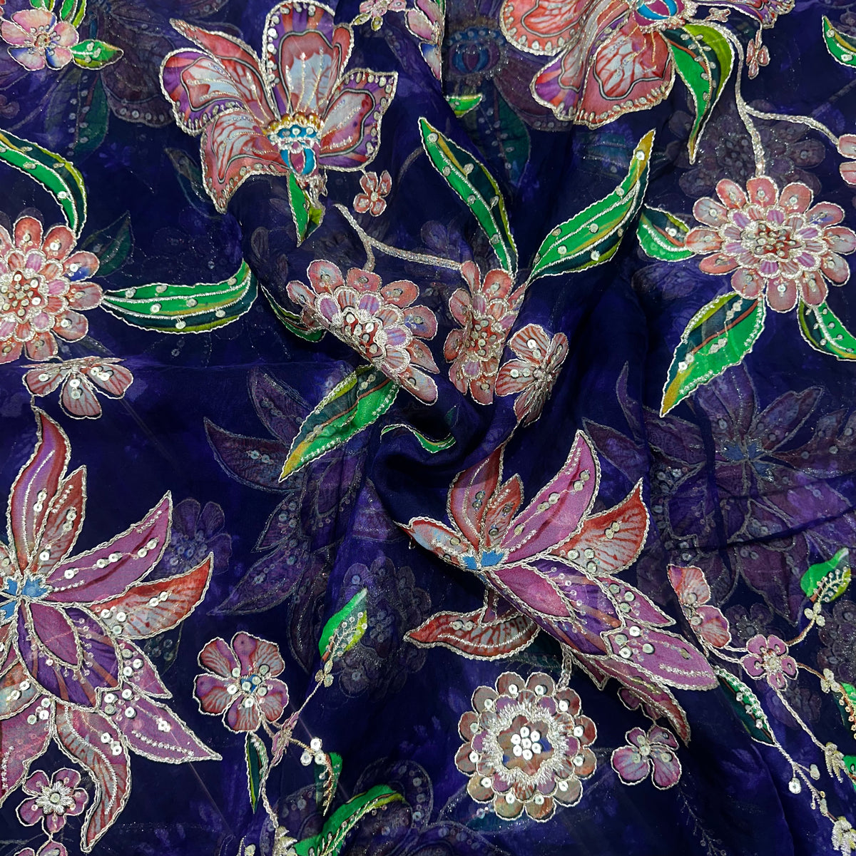Premium Organza Embroidery Fabric – Elegant Floral Thread & Sequin Work