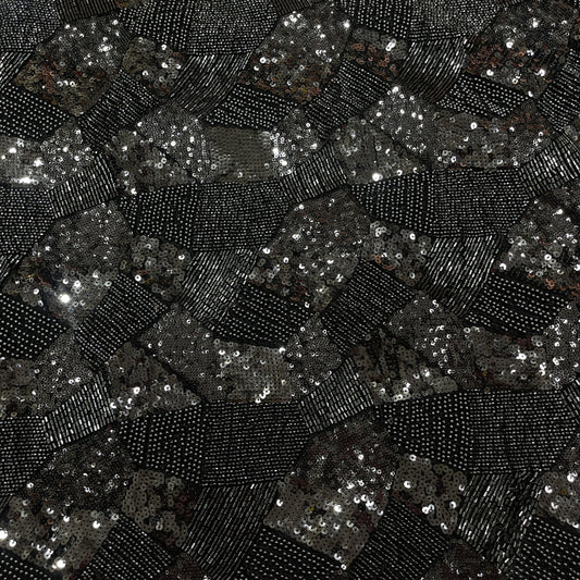 Premium Black Geometric Beaded Sequin Embroidery velvet Fabric