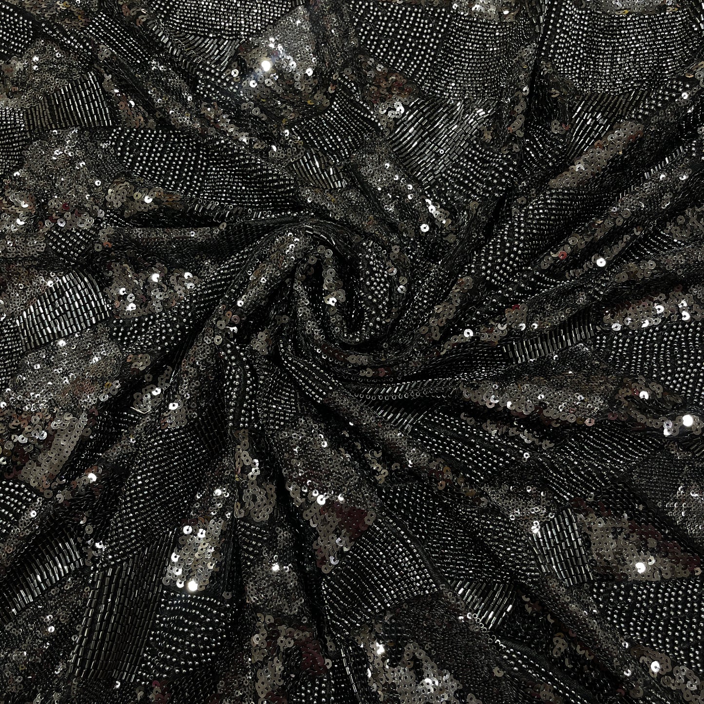 Premium Black Geometric Beaded Sequin Embroidery velvet Fabric